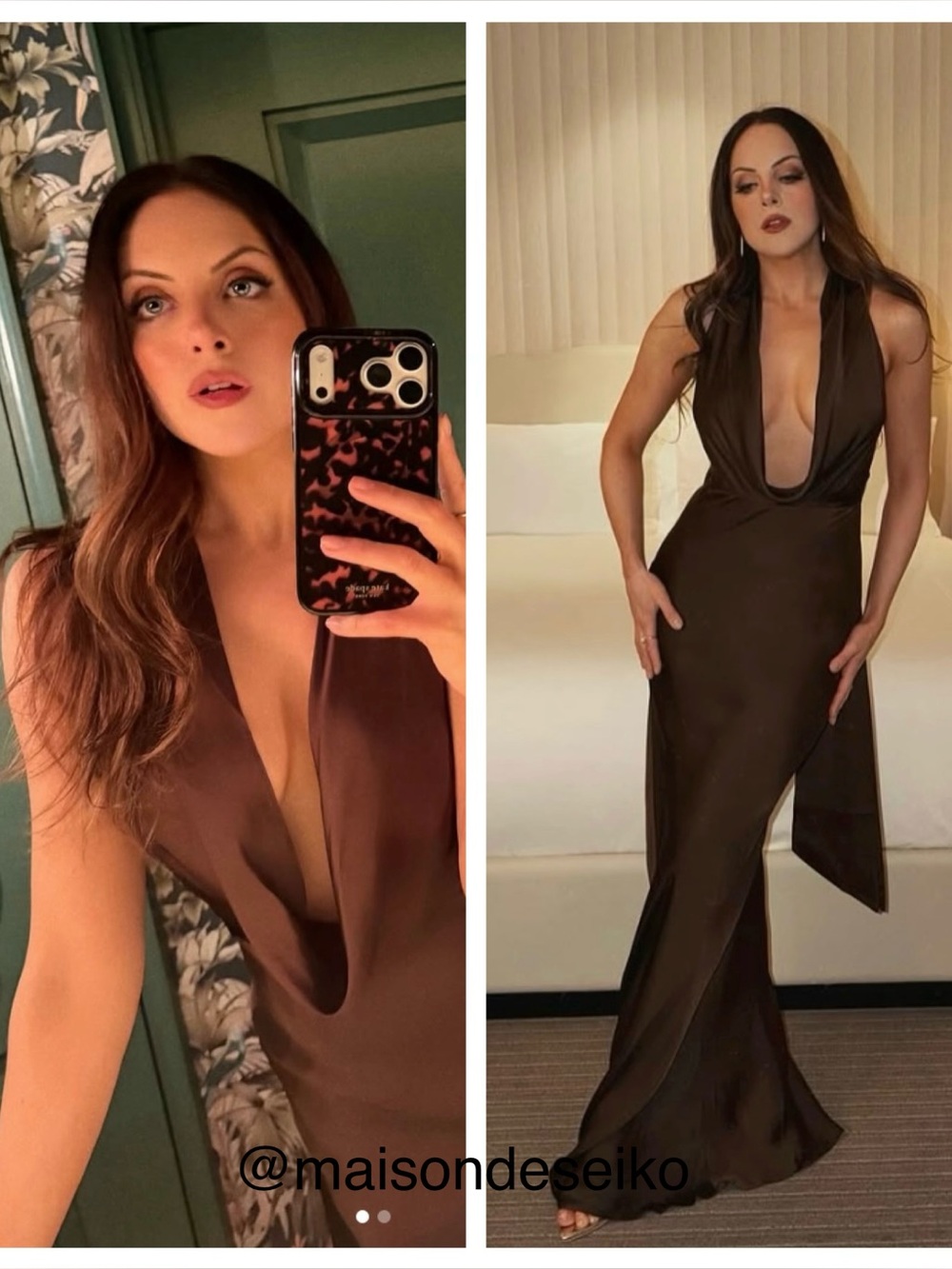 NWT Sau Lee Maxi Dress Brown Satin Pearl Gown Halter Cowl Neck Wedding Guest 2